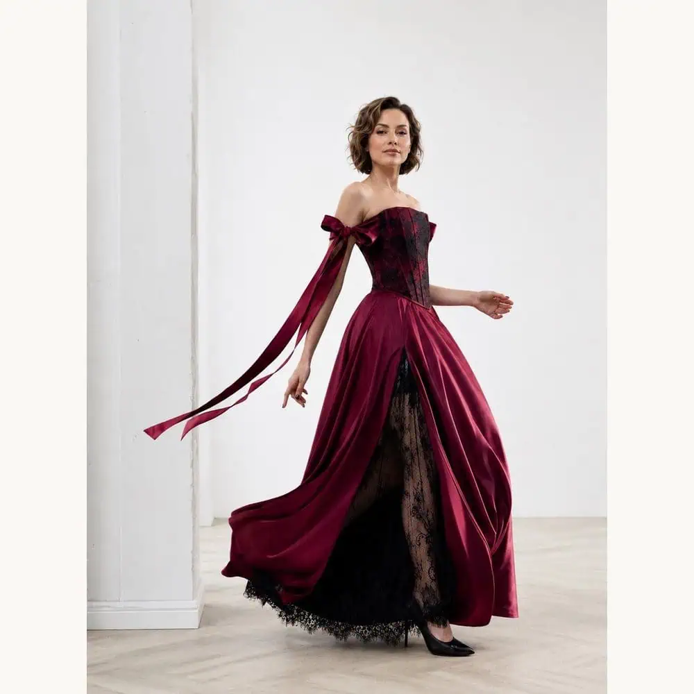 Burgundy Off-Shoulder Corset Gown