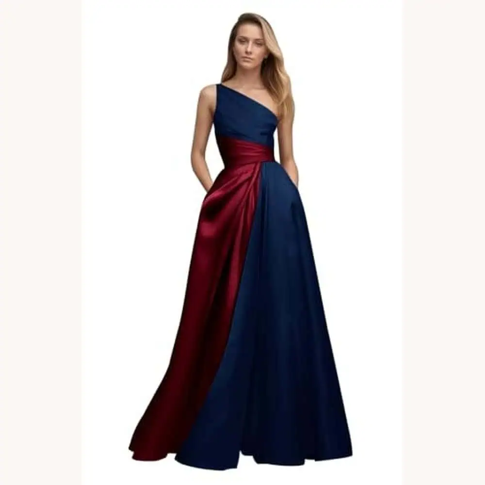 Navy One-Shoulder Satin A-Line Gown