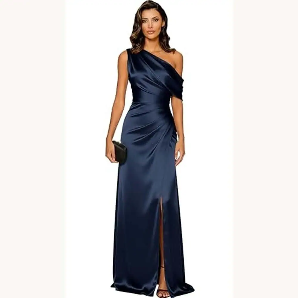 Navy One-Shoulder Satin Gown