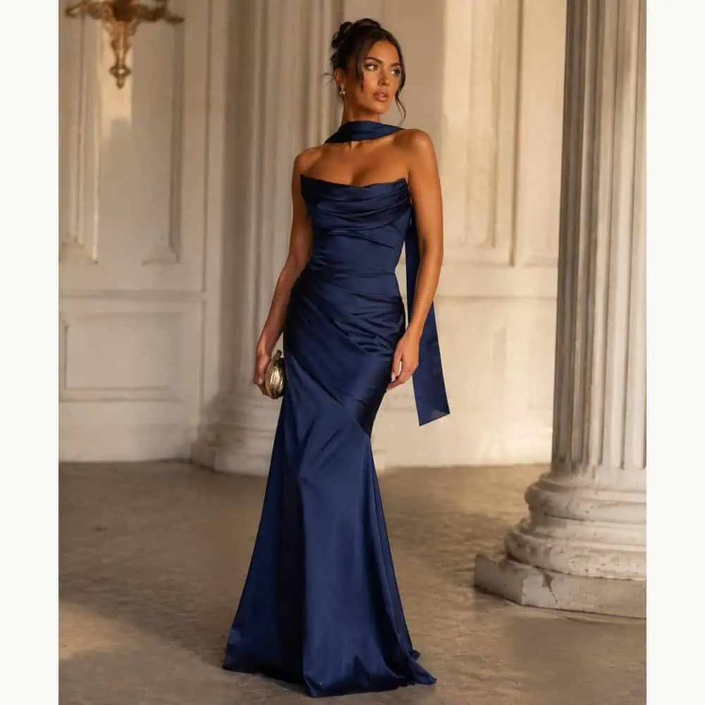 Navy Strapless Satin Gown