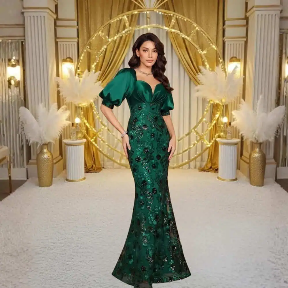 Sequin Satin Lantern-Sleeve Gown