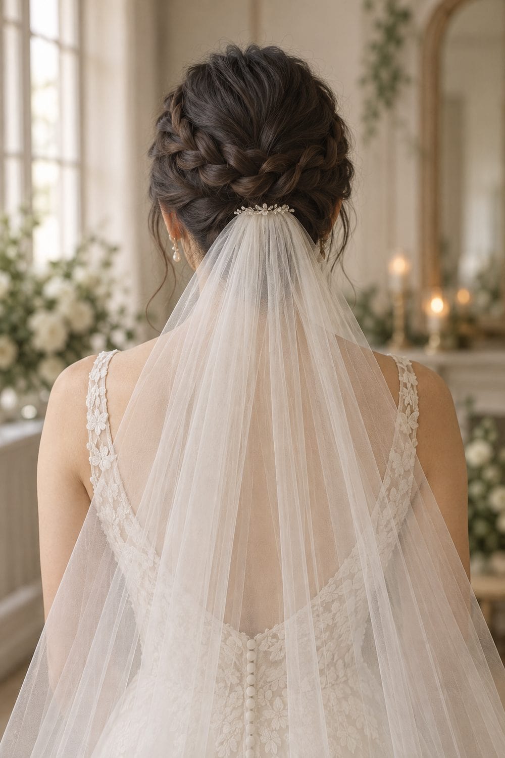 Braided Crown with Veil at the Nape wedding inspiration