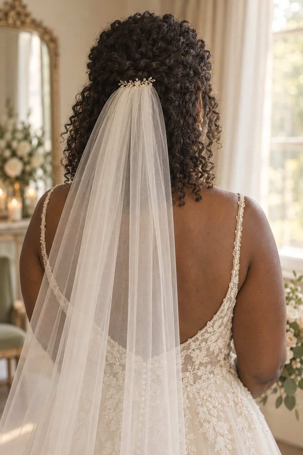 Curly Half-Up Style with Veil wedding inspiration