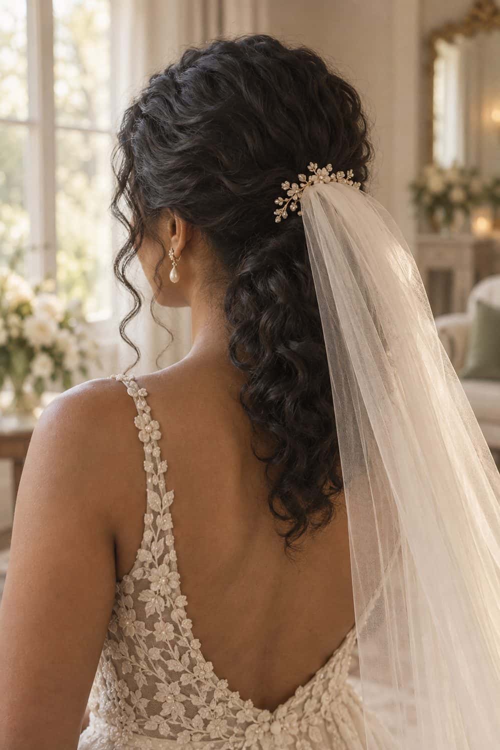 Curly Ponytail with Veil Above wedding inspiration