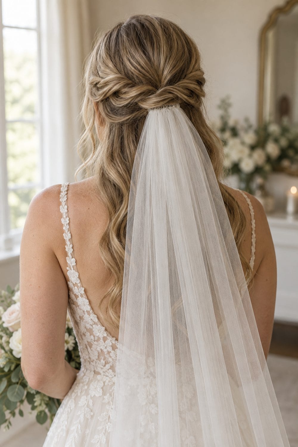 Half-Up Waves with Veil at the Join wedding inspiration