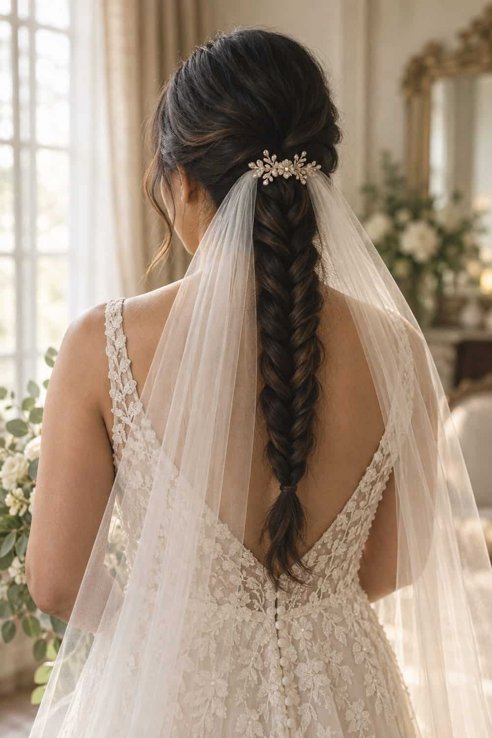 Long Braid with Veil Above wedding inspiration