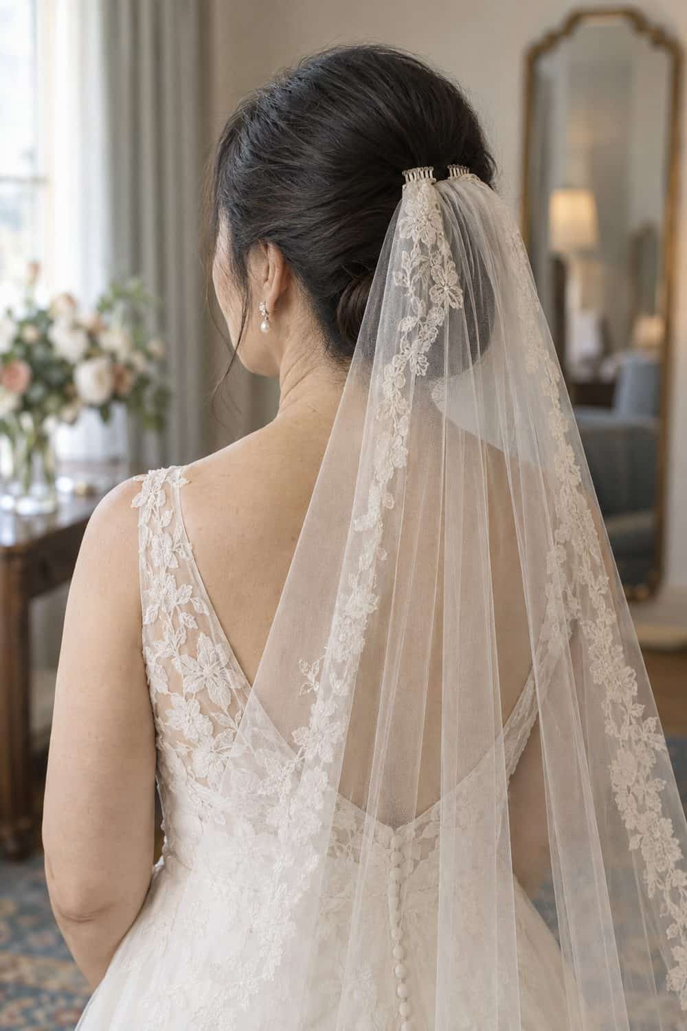 Low Knot with Mantilla Veil wedding inspiration