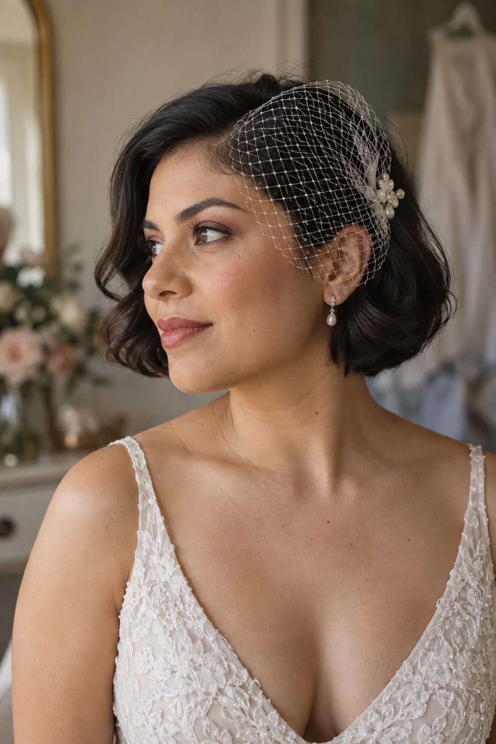 Rolled Bob with Birdcage Veil wedding inspiration