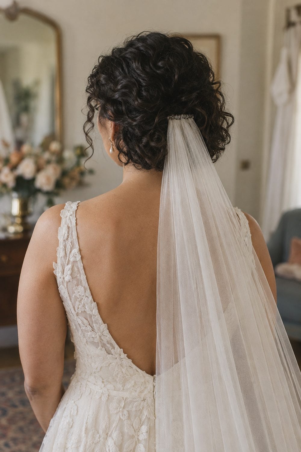 Short Curly Bob with Low Veil wedding inspiration