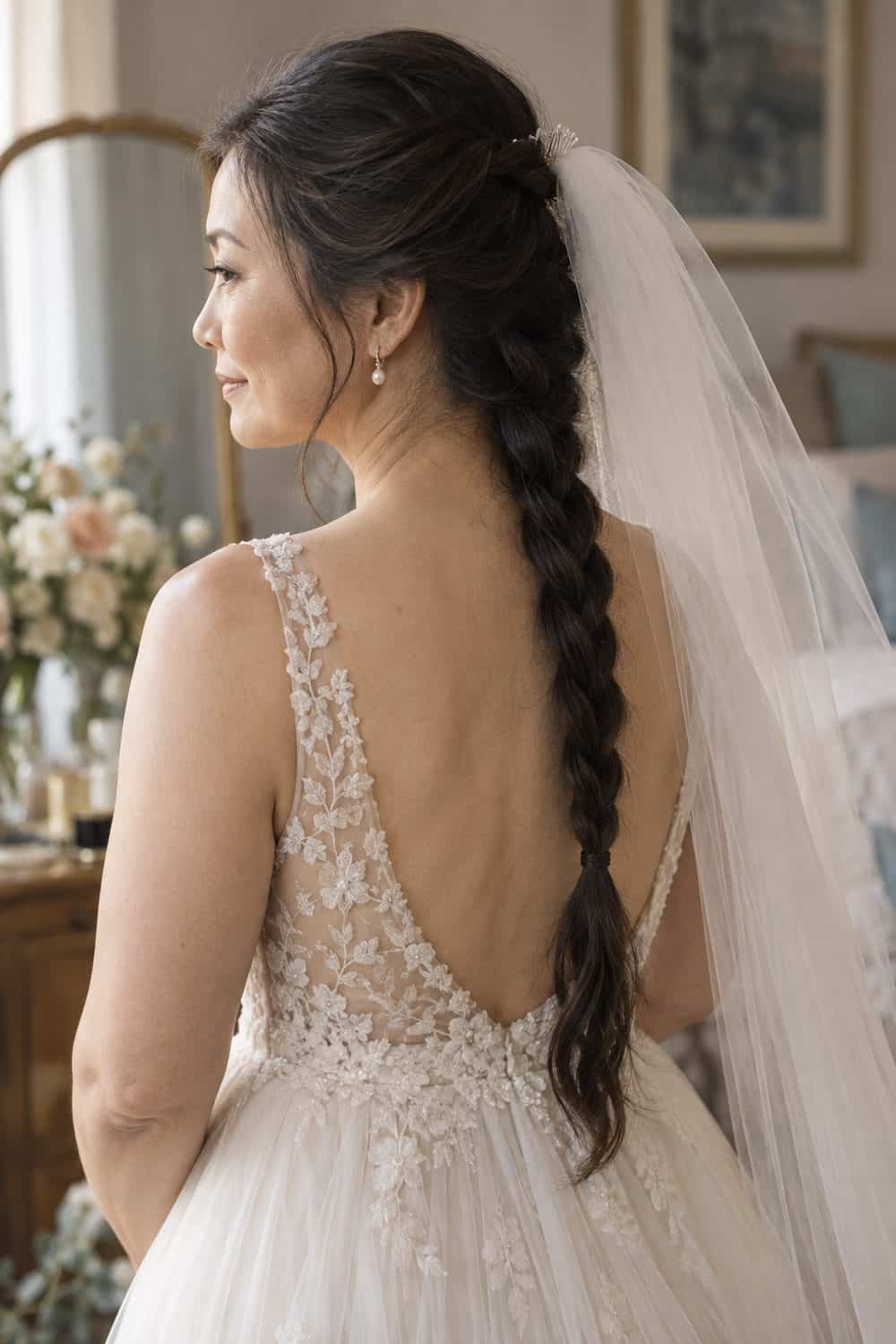 Side Braid with Crown Veil wedding inspiration