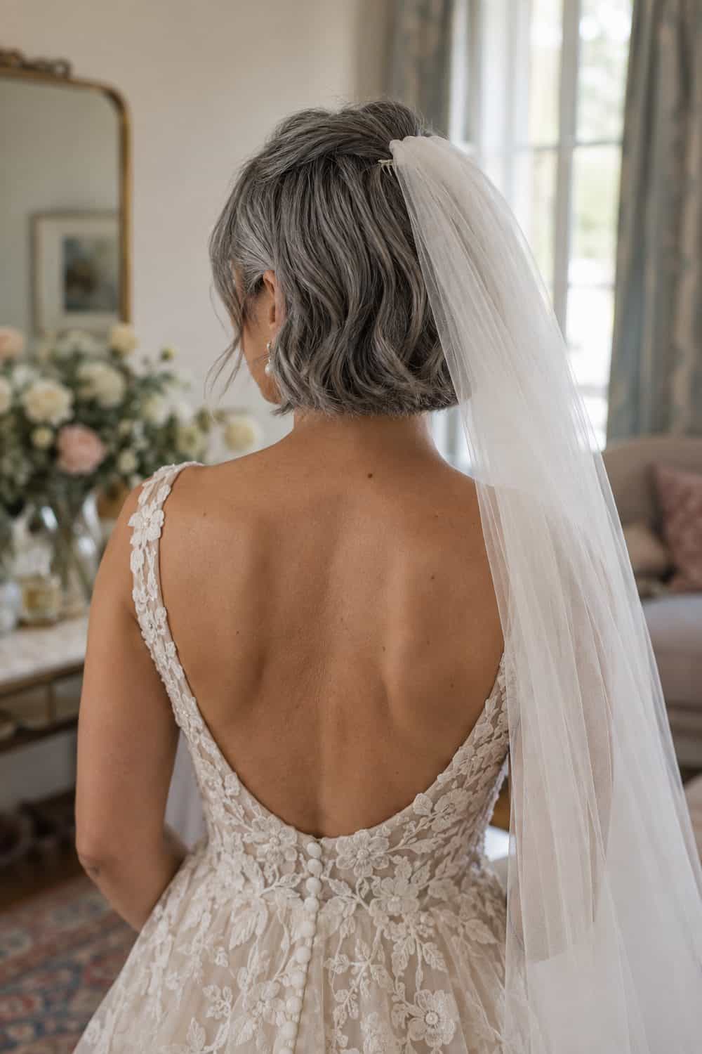 Silver French Bob with Blusher Veil wedding inspiration