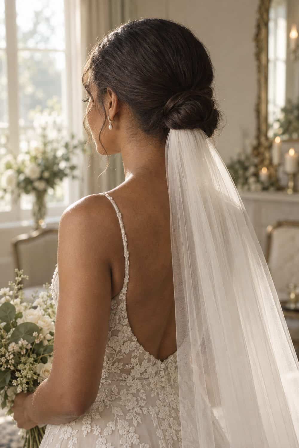 Sleek Low Knot with Veil Below wedding inspiration
