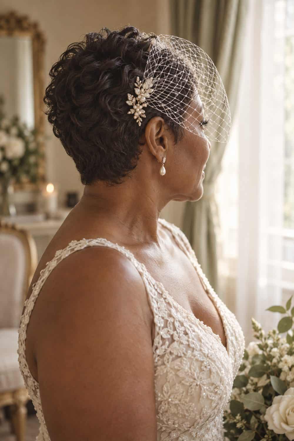 Textured Pixie with Birdcage Veil wedding inspiration
