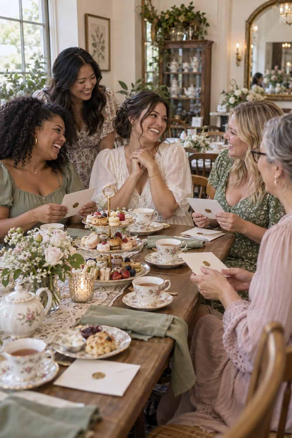 tea room table with bride and four adult friends, tiered snacks, teacups and sealed cards