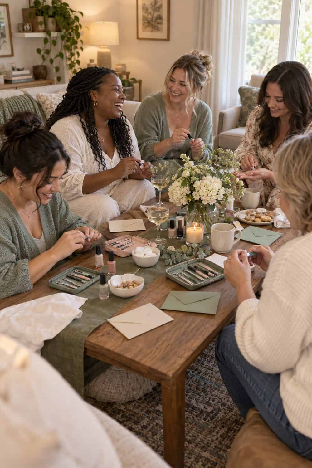 living room table with five adult women doing simple manicures, individual tool sets and closed envelopes