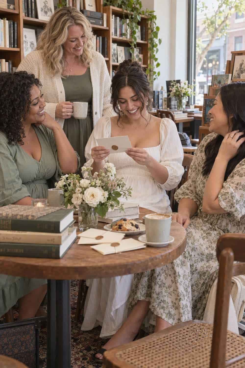 independent bookstore cafe corner with bride and three adult friends, books stacked nearby and small sealed cards