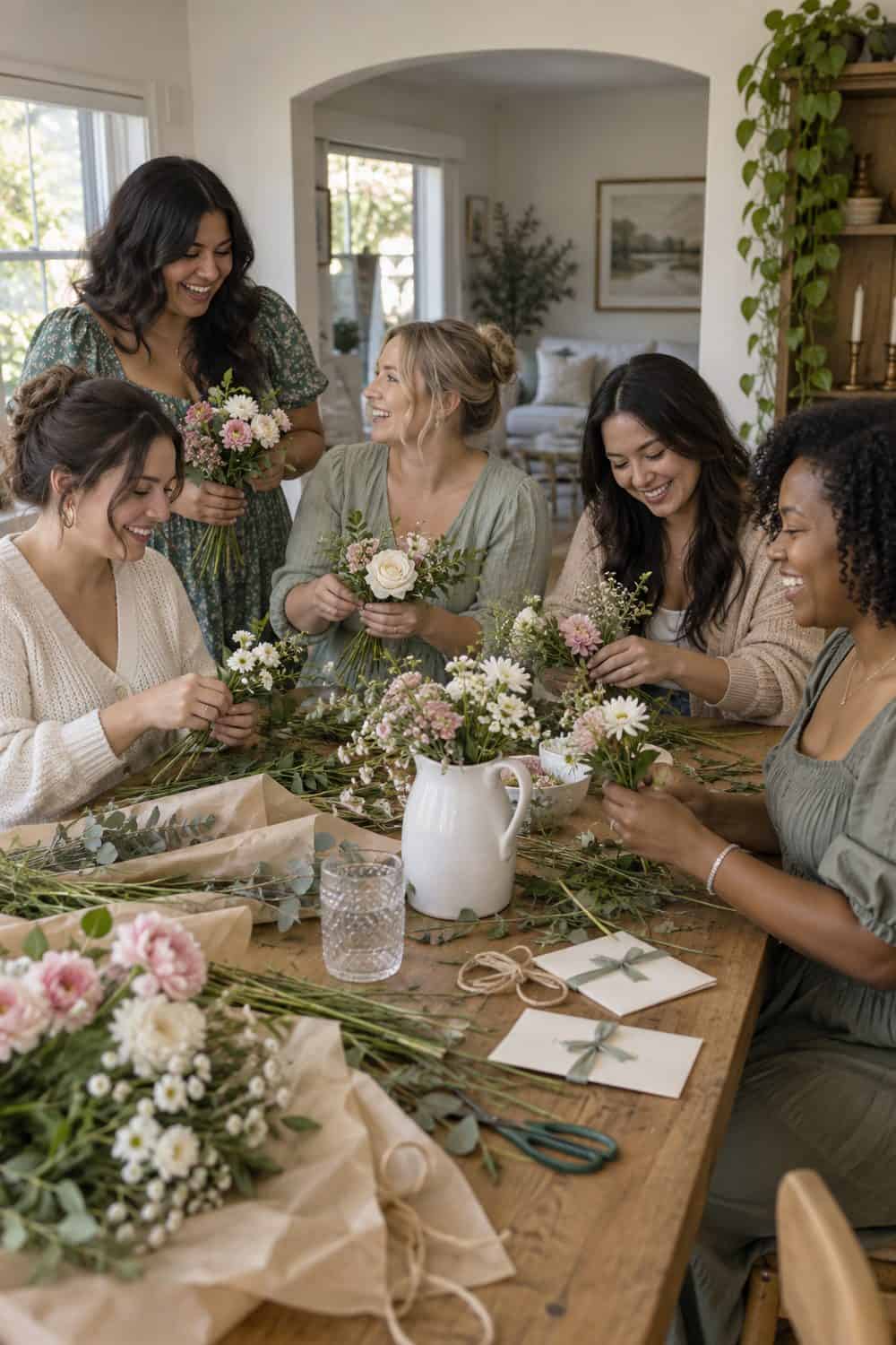 home table with five adult women assembling small bouquets from grocery flowers, sealed proposal cards nearby