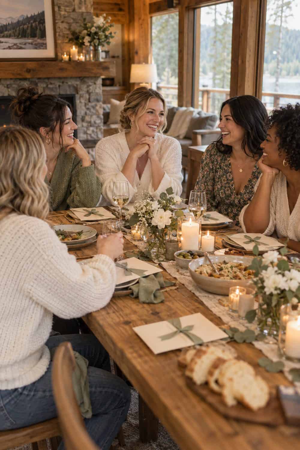 cozy cabin dining table with bride and four adult friends, simple dinner and closed proposal cards