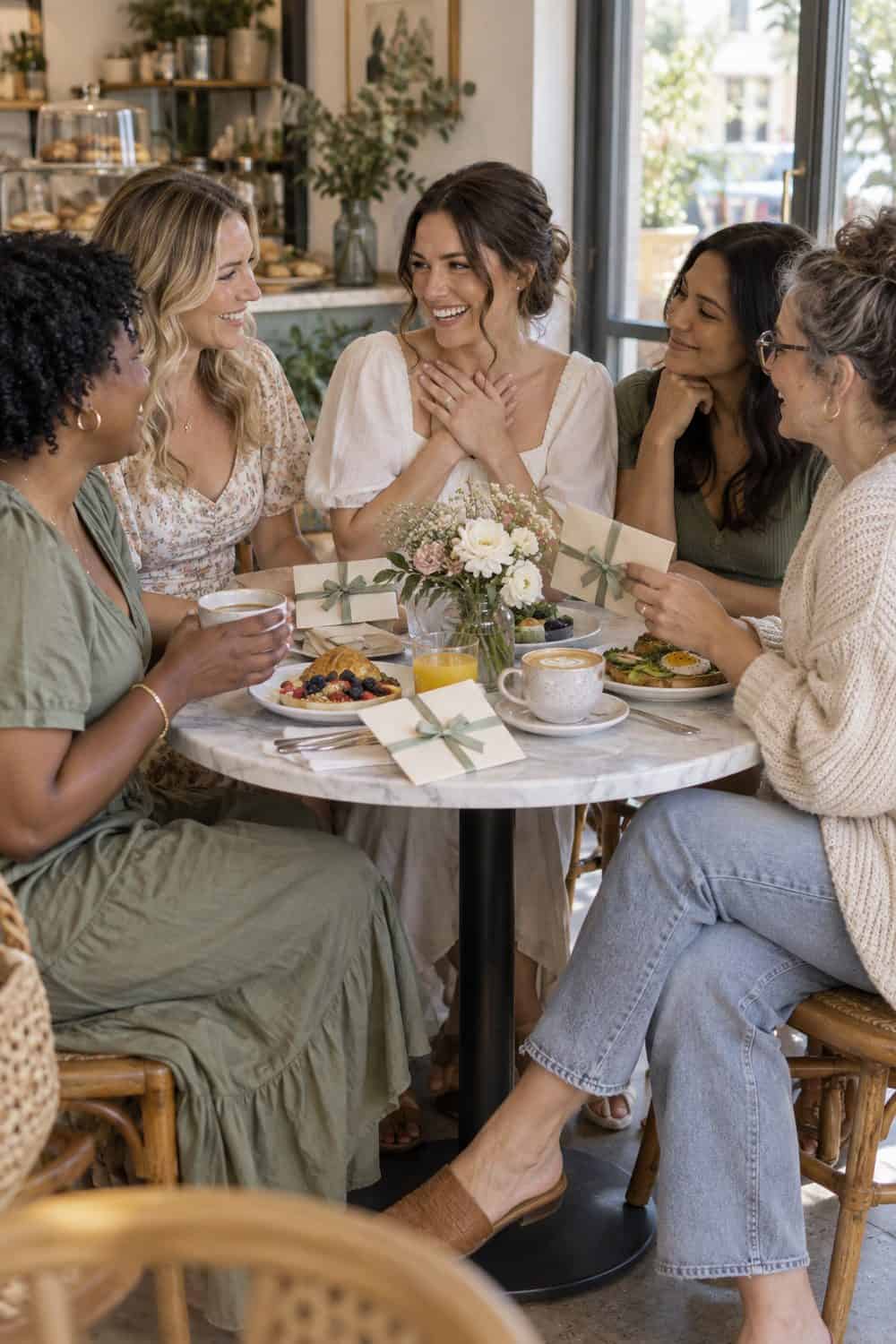 small cafe table with bride and four diverse adult friends, breakfast plates, coffee and sealed cards, no readable text