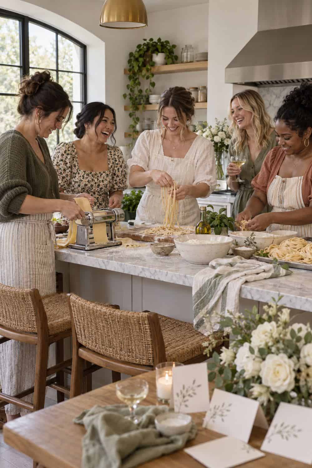 bright teaching kitchen with bride and four adult friends preparing pasta together, proposal cards on clean side table