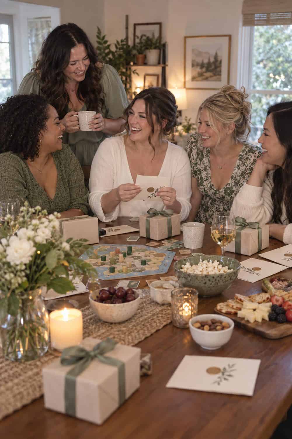 home table with bride and four adult friends, unbranded cooperative board game pieces, snacks and sealed cards