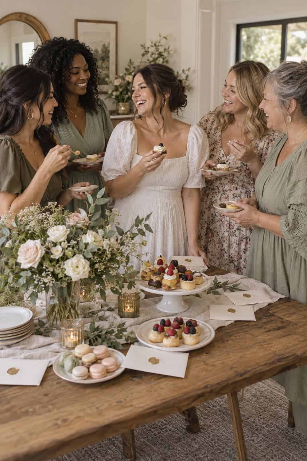 dessert table with bride and four adult friends tasting small pastries, sealed cards beside plates