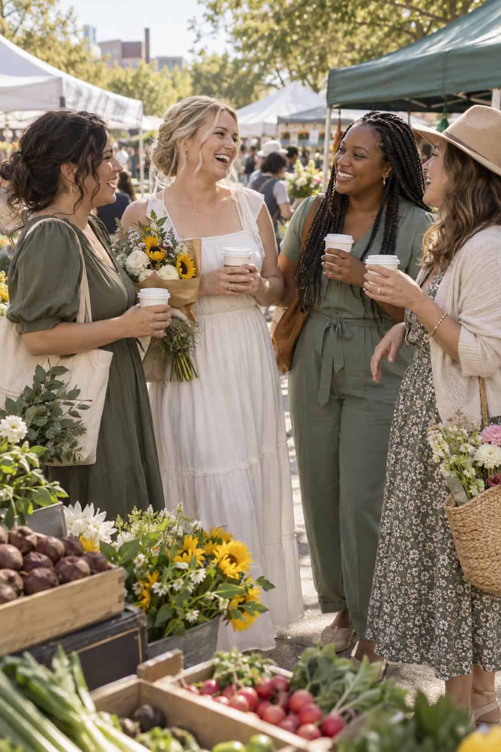 bride and three diverse adult friends at outdoor farmers market with flowers and produce, holding plain coffee cups