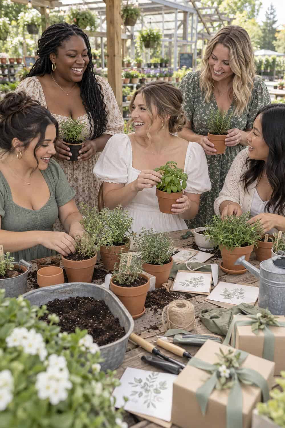 garden center workshop table with bride and four adult friends potting small herbs, proposal cards nearby