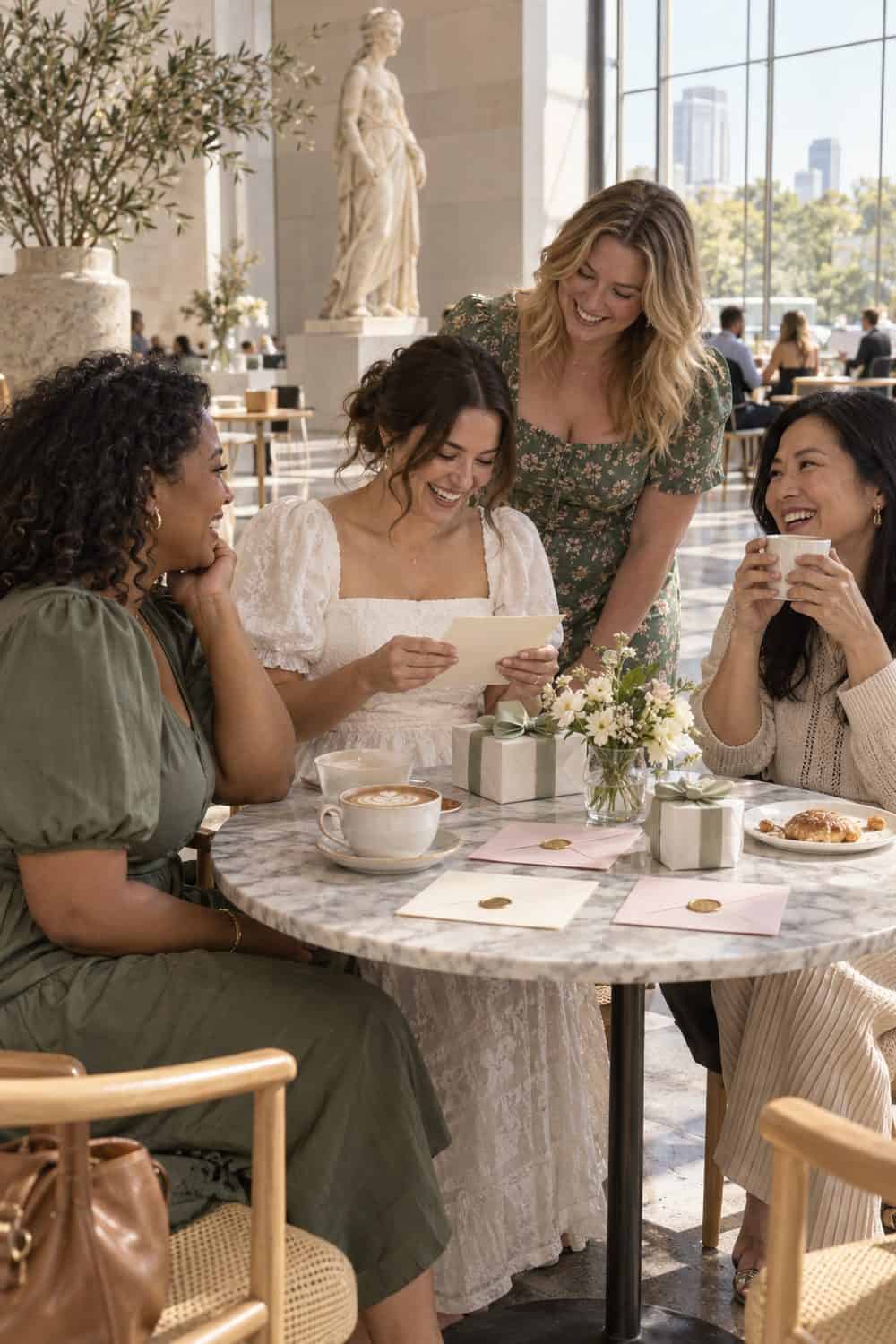 modern museum cafe with bride and three adult friends around small table, sealed cards and coffee