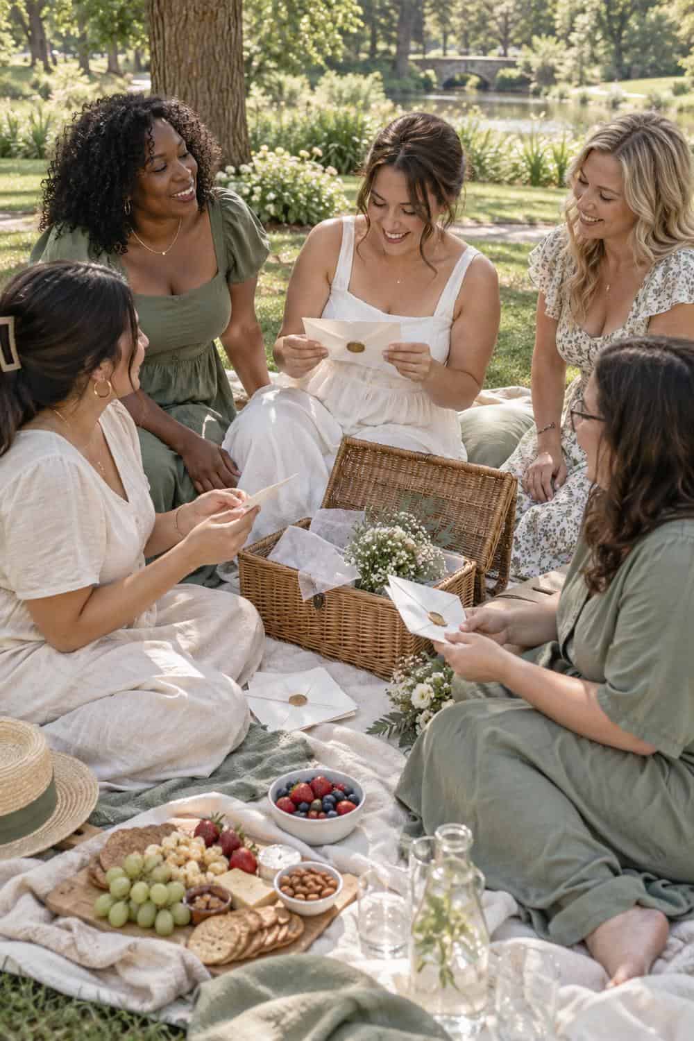 park picnic with bride and four adult friends around open basket, sealed cards on blanket and simple lunch