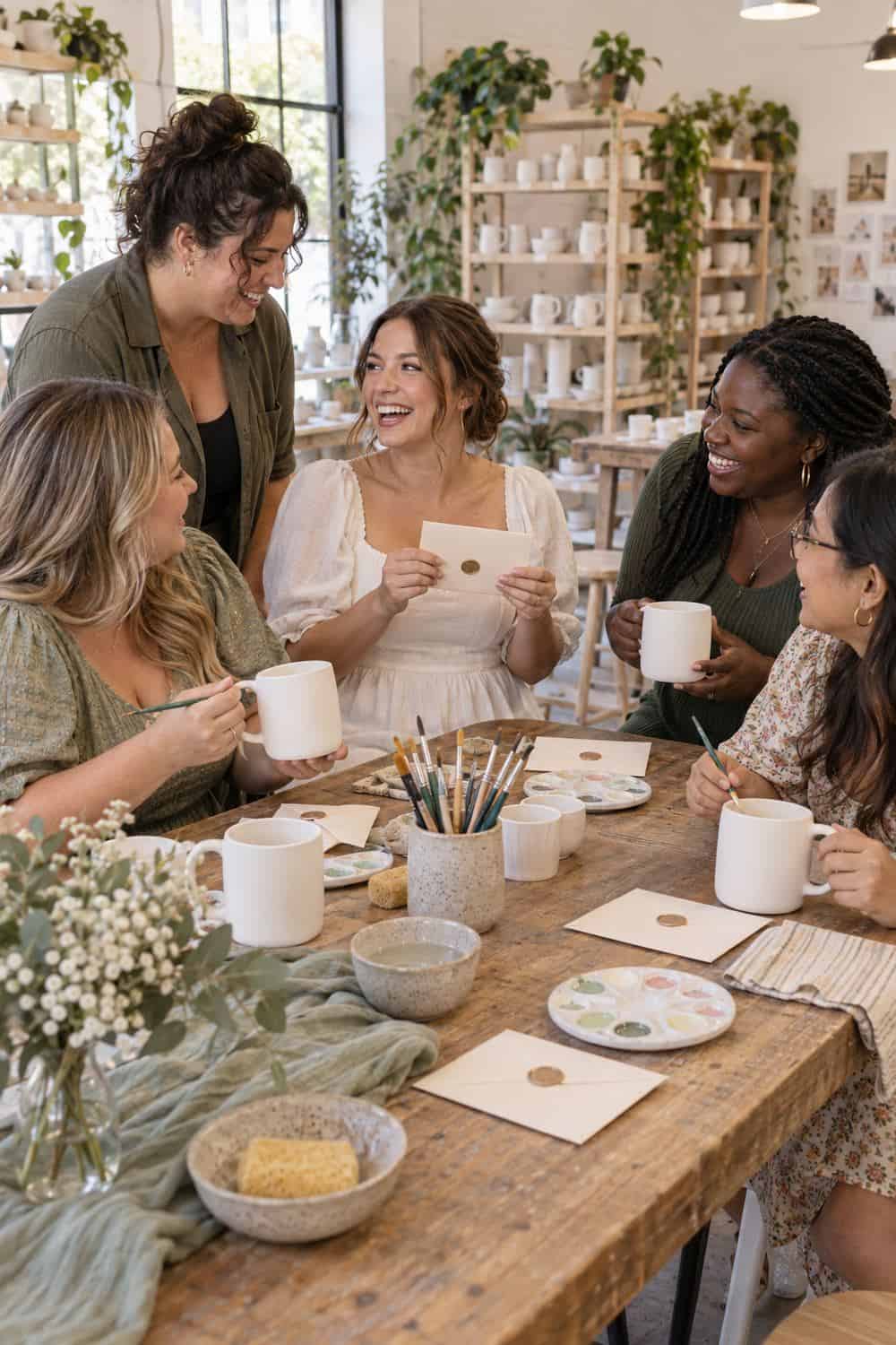 bright pottery studio with bride and four diverse adult friends at table, blank mugs, brushes and sealed cards