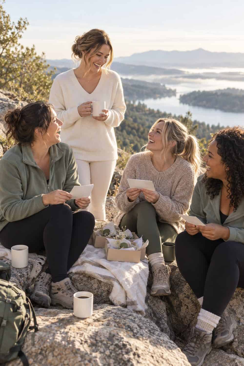 bride and three adult friends at scenic overlook after sunrise walk, plain coffee cups and small cards
