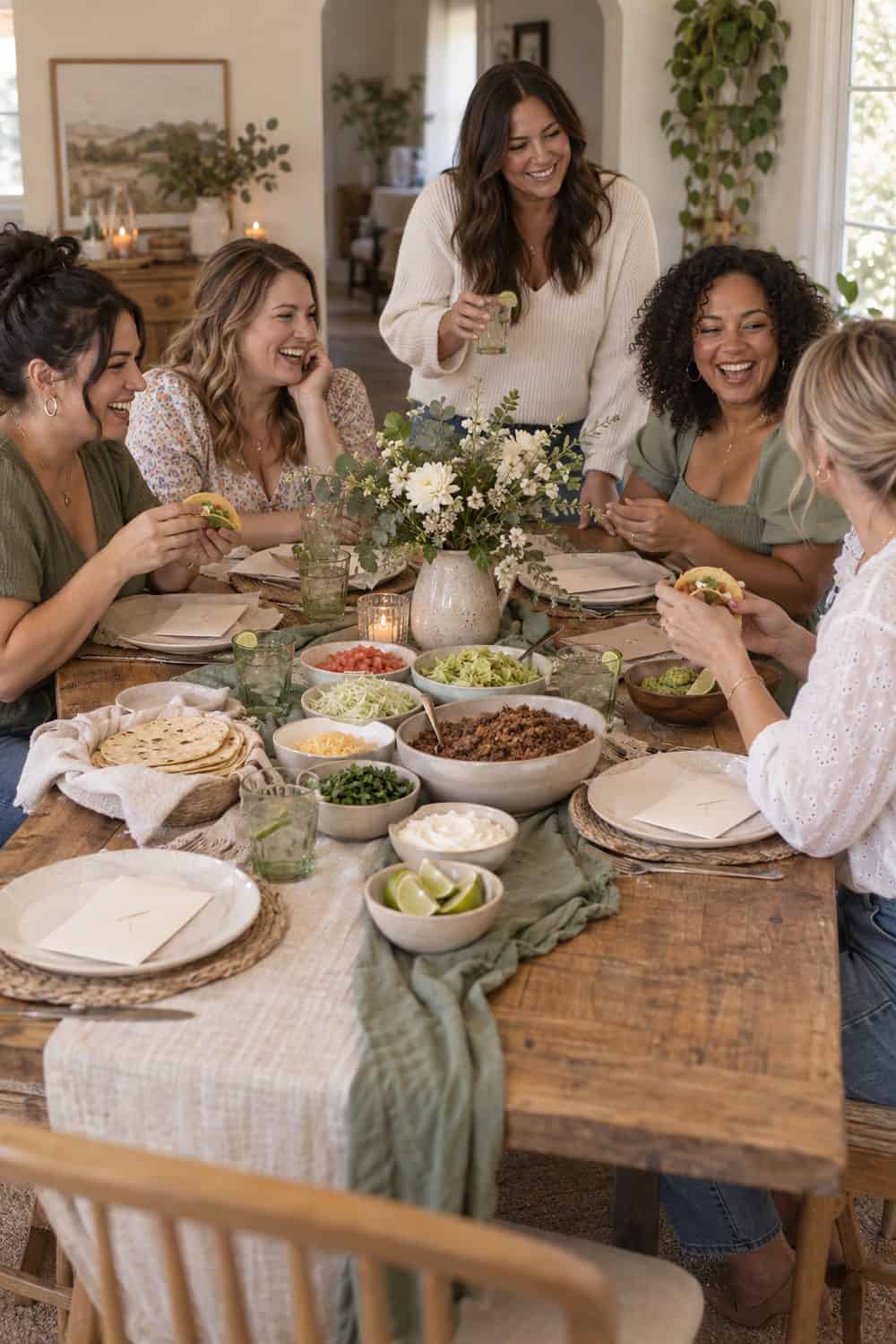 home dining table with five adult women, taco ingredients in serving bowls and closed envelopes at each seat