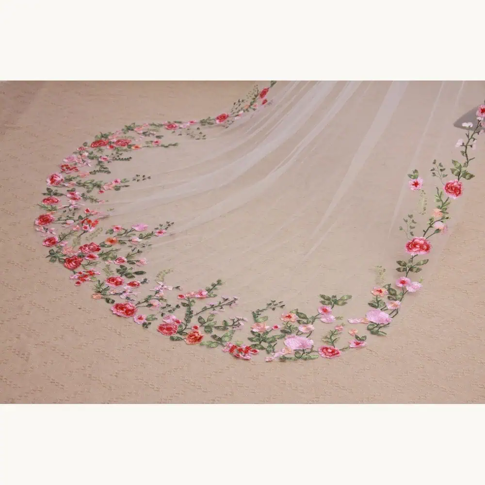 Multicolor Rose-Embroidered Cathedral Veil