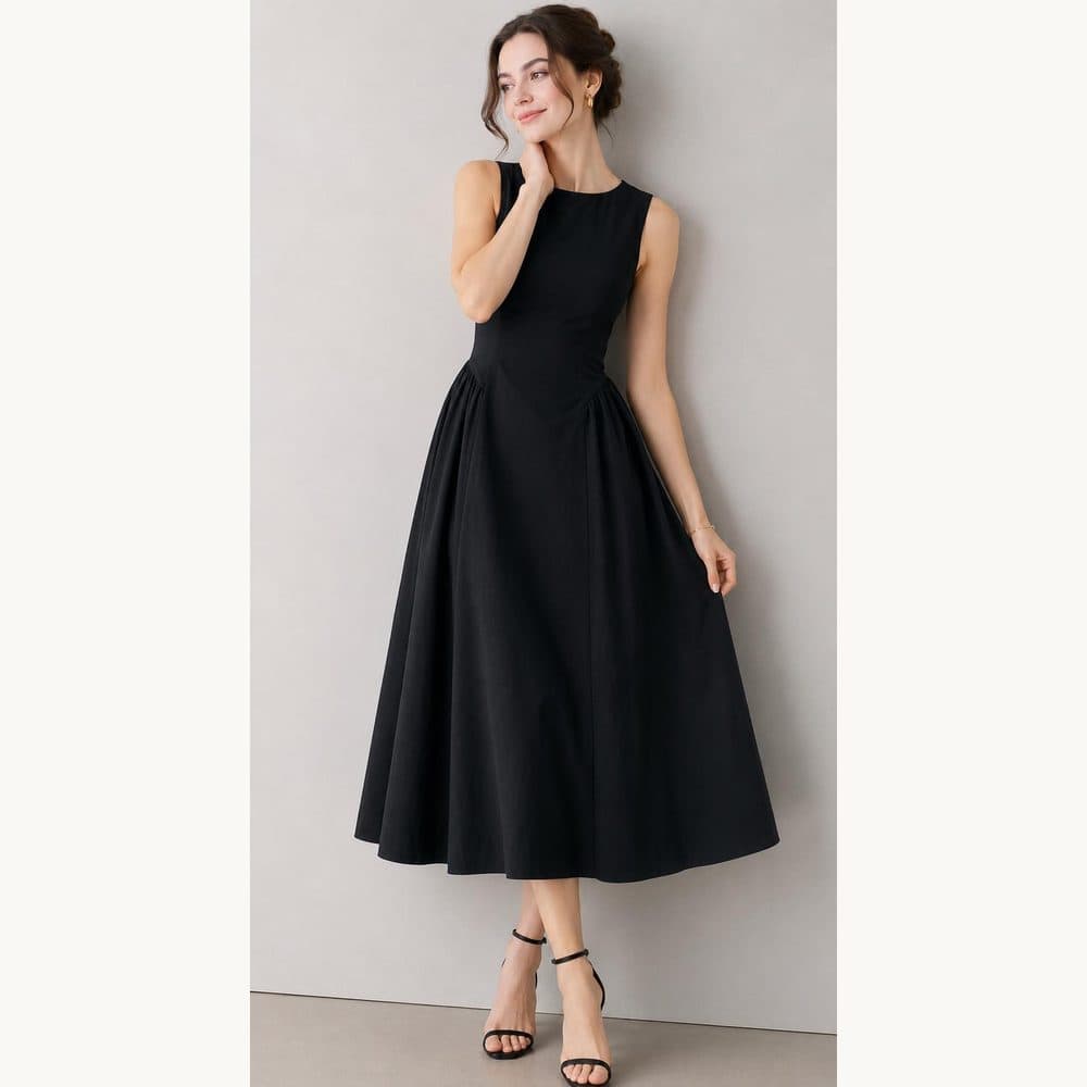 Black Dupioni Silk A-Line Midi