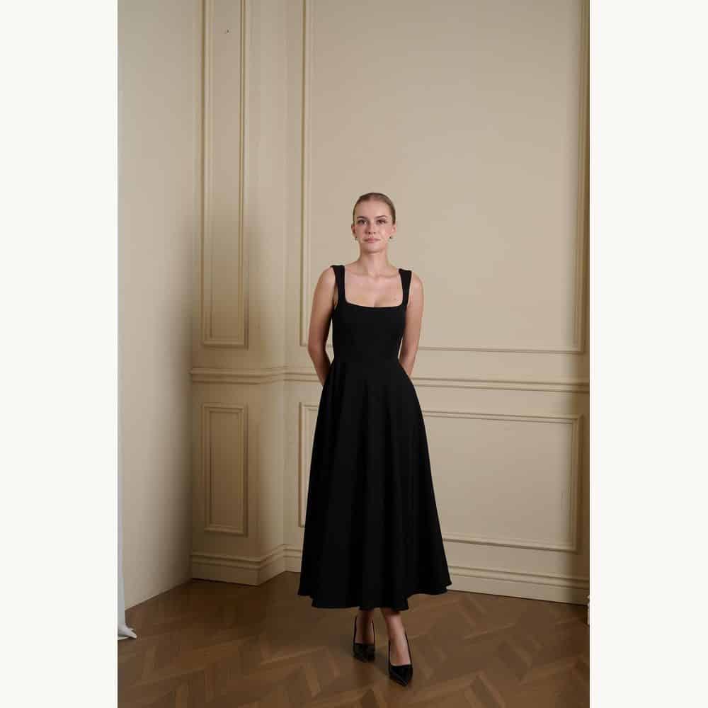 Black Square-Neck A-Line Midi