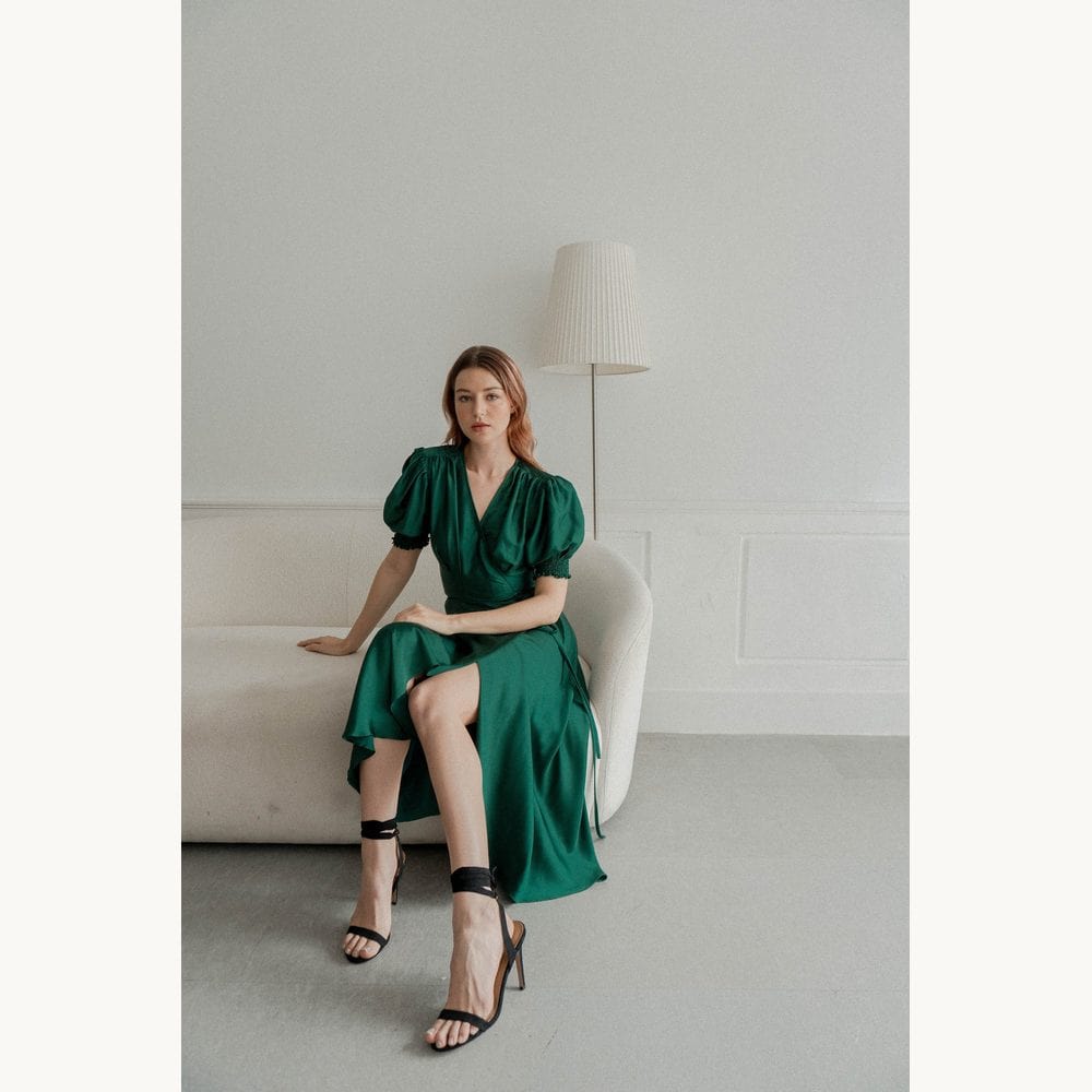 Emerald Satin Puff-Sleeve Wrap Dress