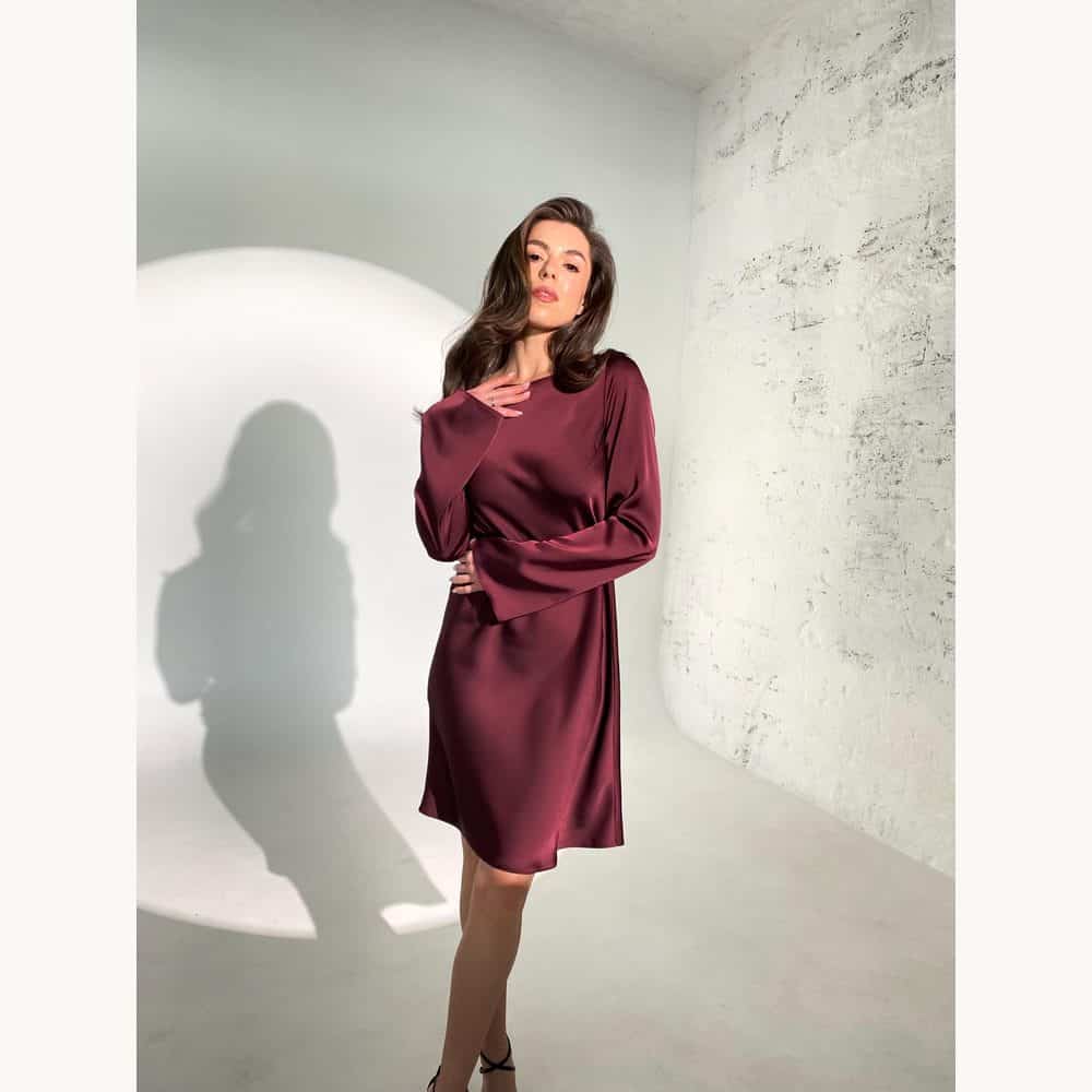 Plum Long-Sleeve Satin Dress