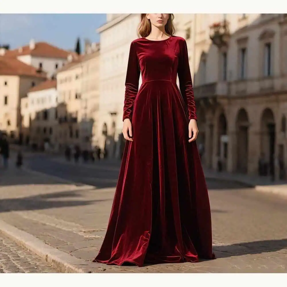 Burgundy Long-Sleeve Velvet Gown