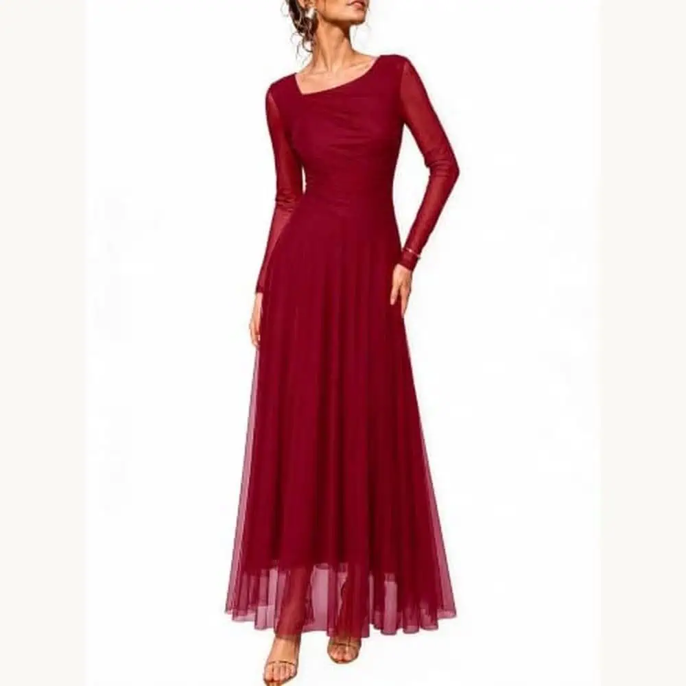 Burgundy Ruched Long-Sleeve Dress