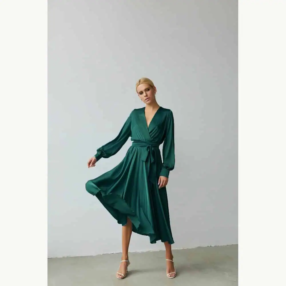 Emerald Satin Wrap Midi Dress