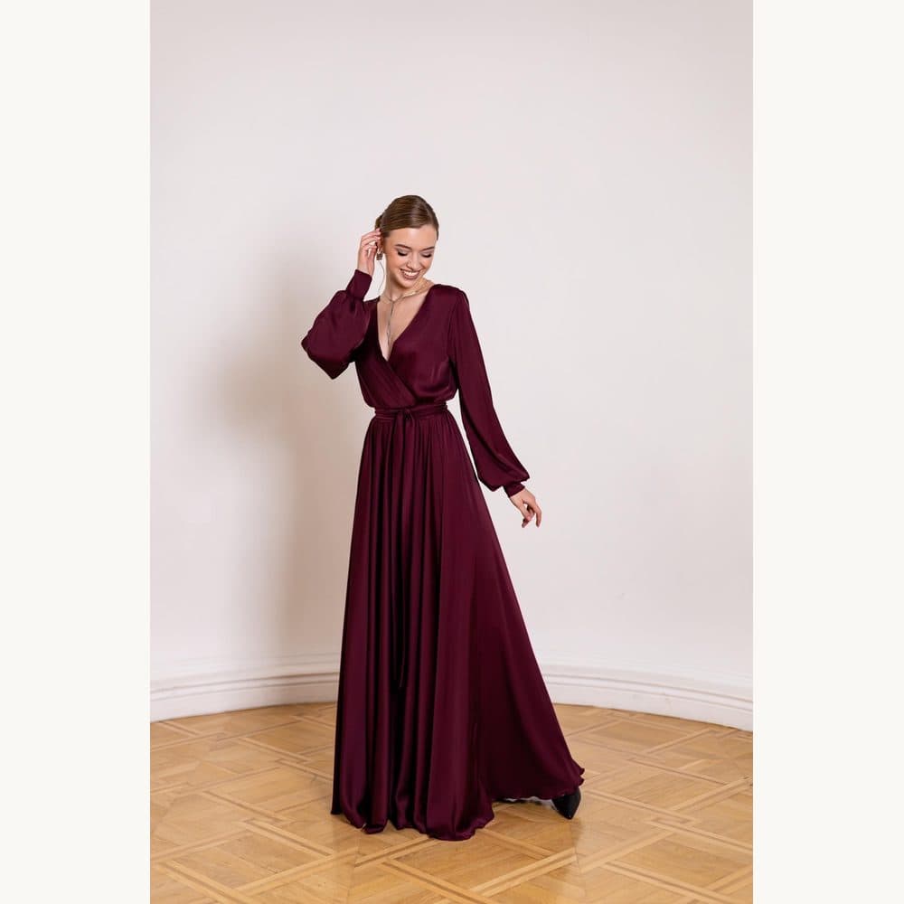 Maroon Puff-Sleeve Satin Gown