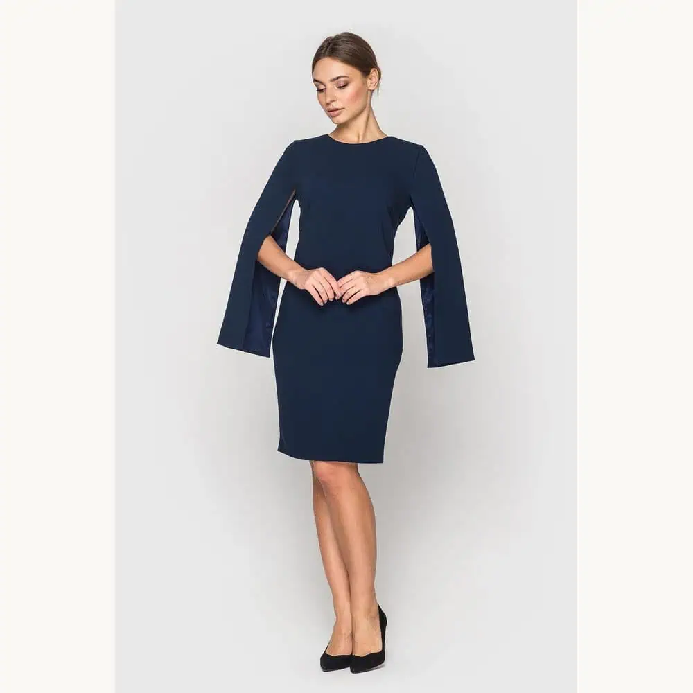 Navy Cape-Sleeve Midi Dress