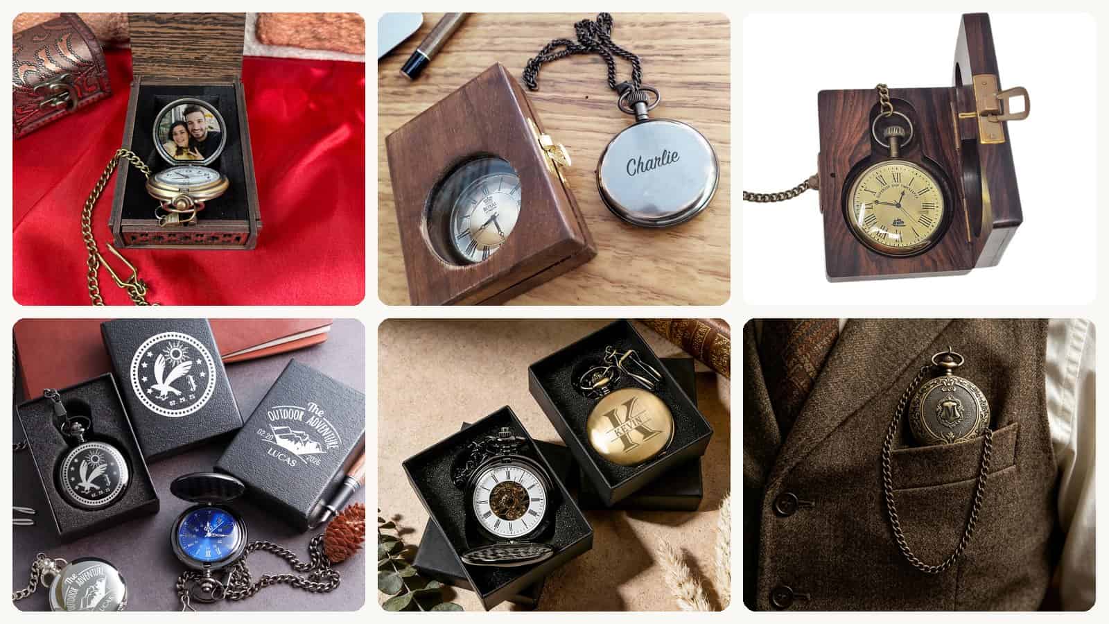 A selection of the pocket watch groomsmen gifts in this roundup