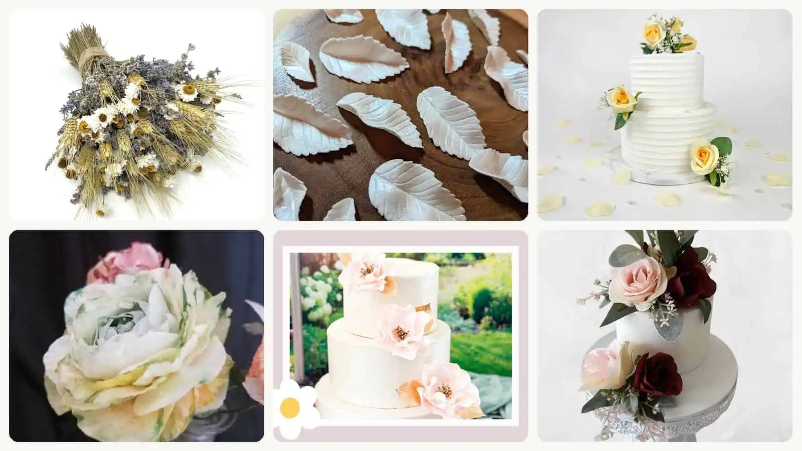 A selection of the wedding cake with fresh flowers in this roundup