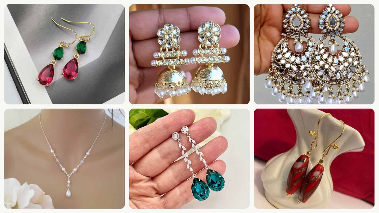 A selection of the wedding earrings for half-up hairstyles in this roundup