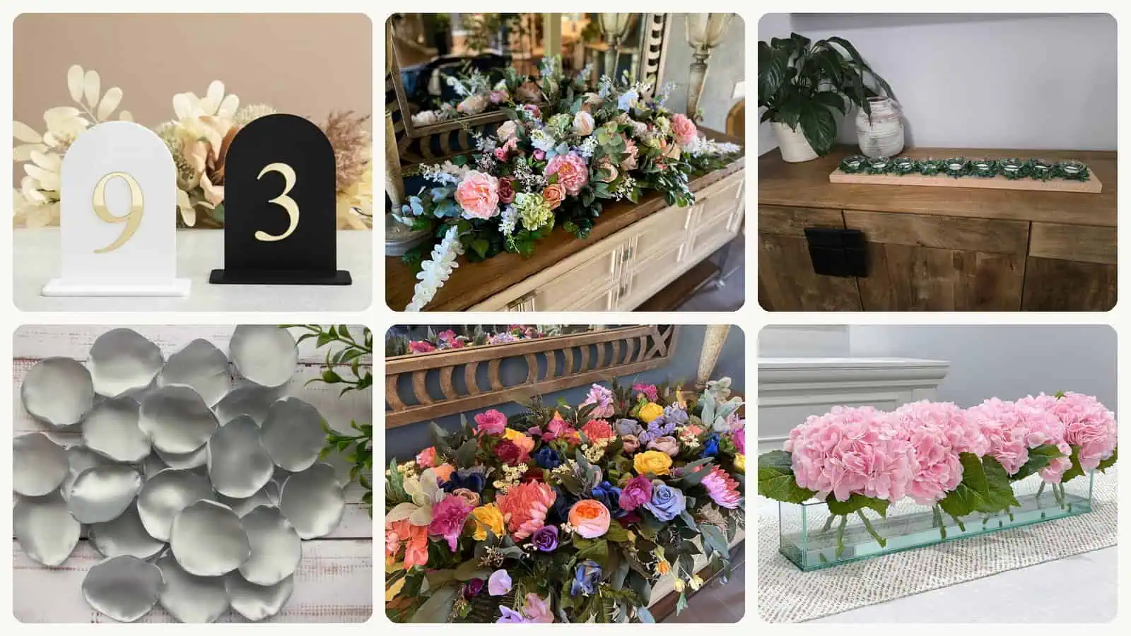A selection of the wedding table decorations for long tables in this roundup