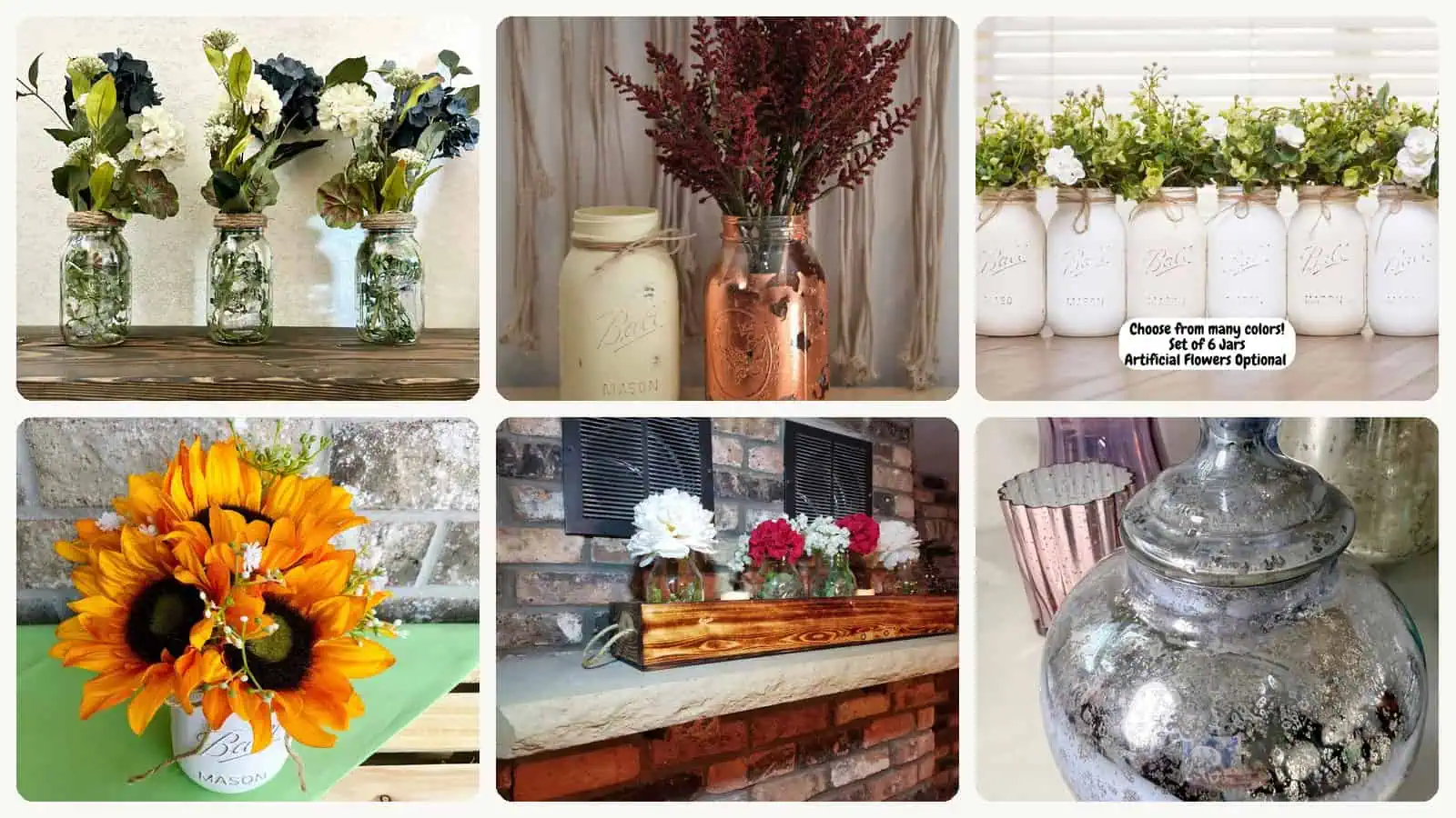 A selection of the wedding table decorations with jars in this roundup