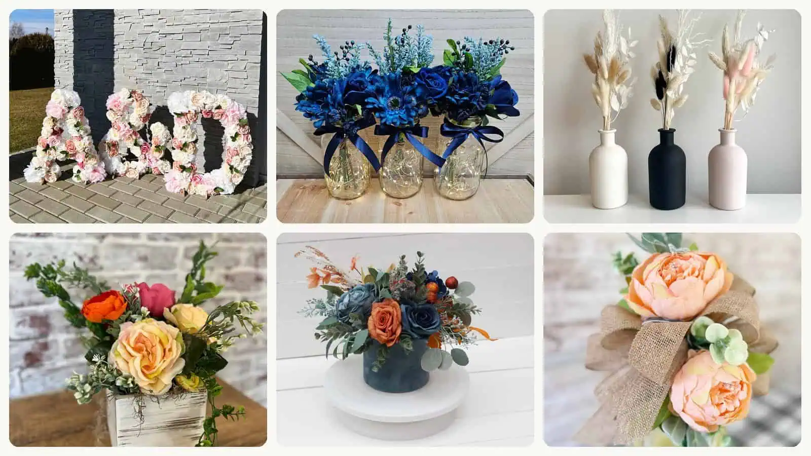 A selection of the wedding table decorations with flowers in this roundup