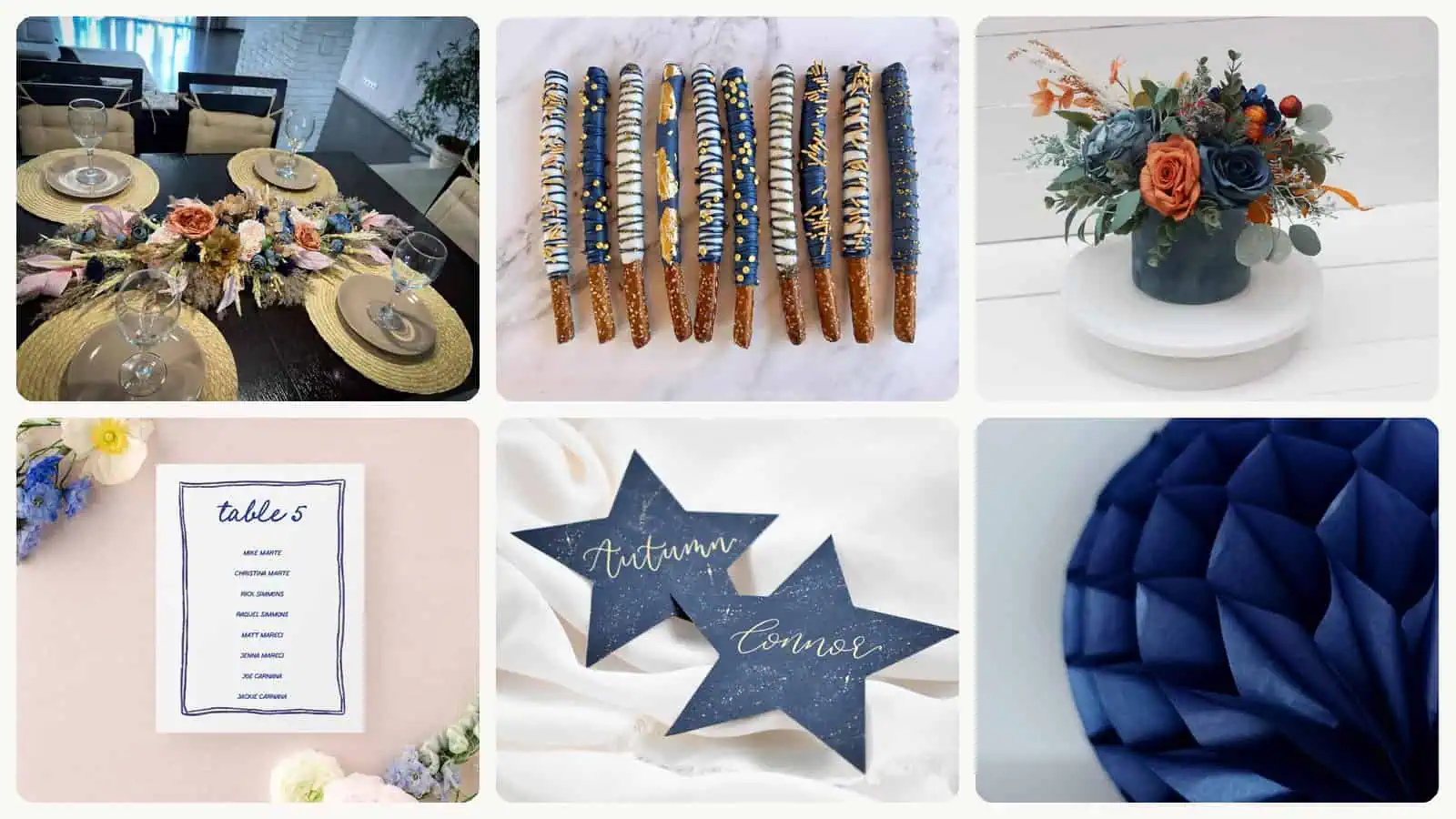 A selection of the navy wedding table decorations in this roundup